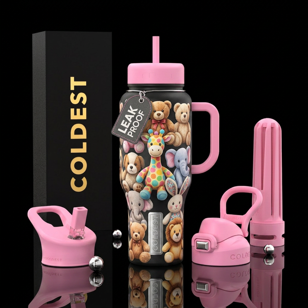 Stuffed animals, cute,glossy, trompe-l'œil,nostalg... water bottle design