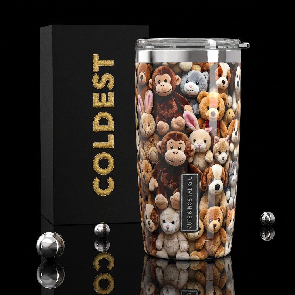 Stuffed animals, cute,glossy, trompe-l'œil,nostalg... water bottle design