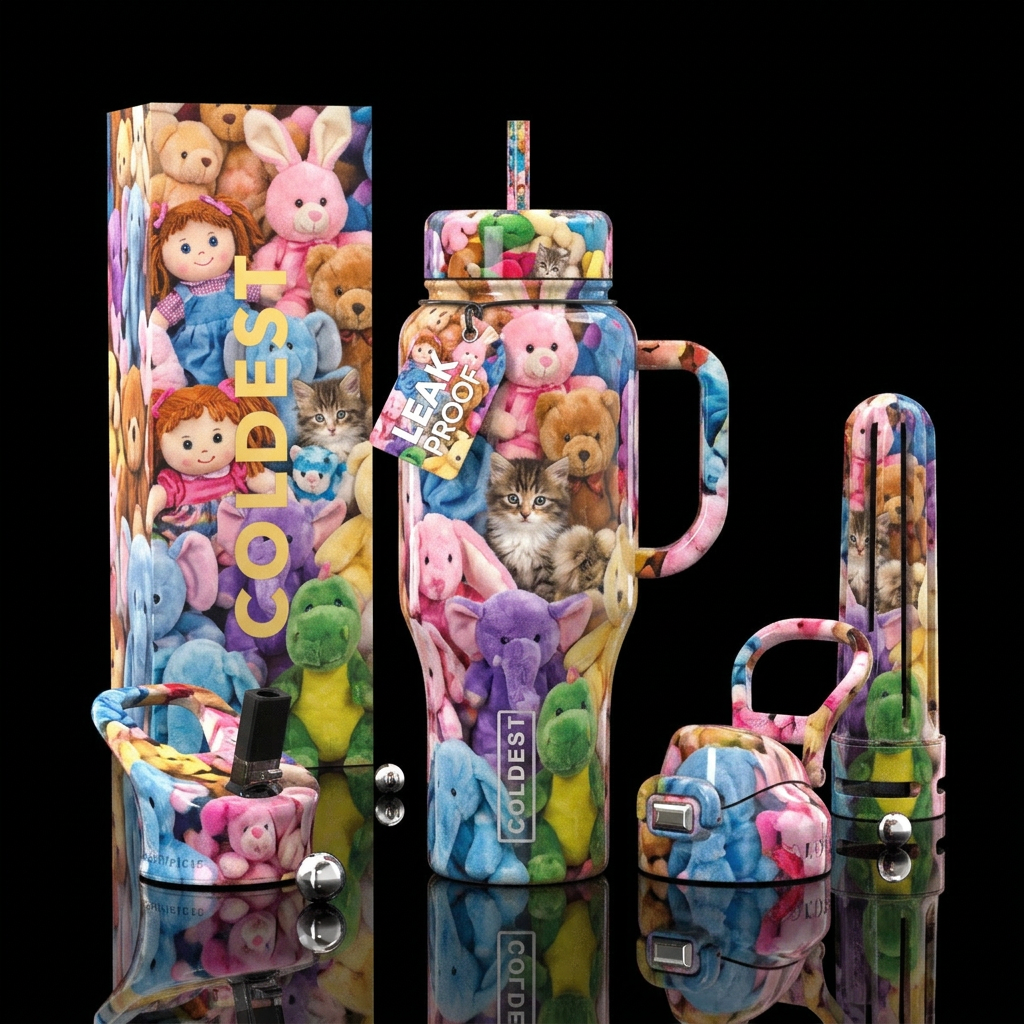 Stuffed animals, cute,glossy, trompe-l'œil,nostalg... water bottle design