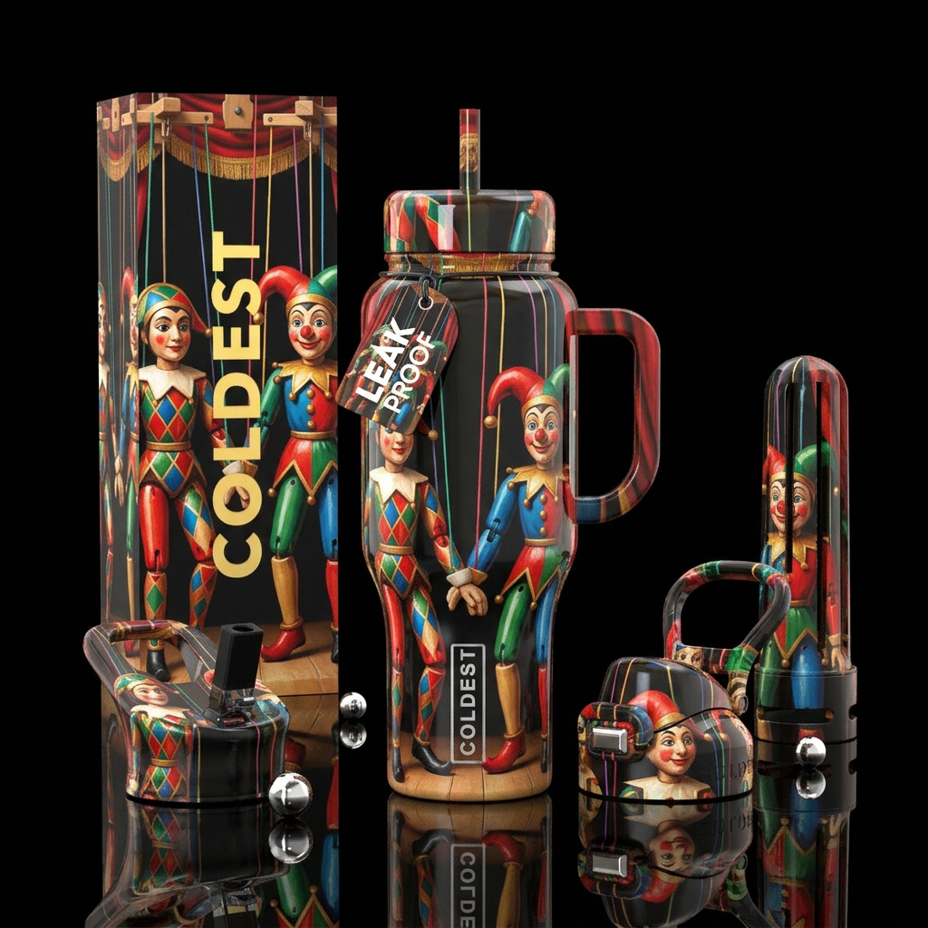 Puppet on strings,glossy,colorful, trompe-l'œil water bottle design