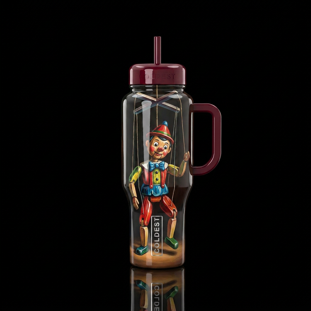 A Puppet on strings,glossy,colorful, trompe-l'œil water bottle design