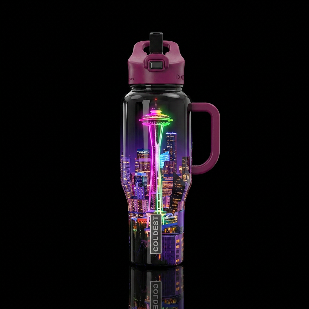 Seattle skyline,glossy,colorful, trompe-l'œil,spac... water bottle design