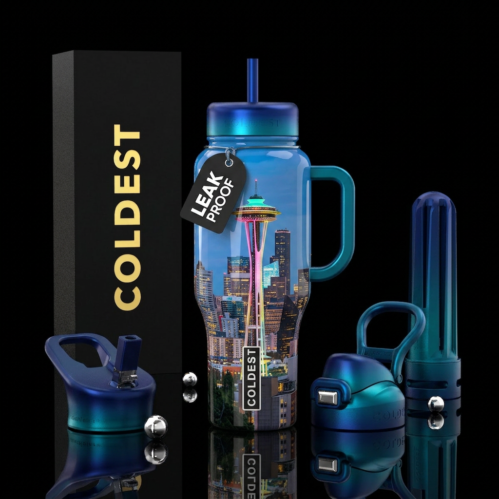 Seattle skyline,glossy,colorful, trompe-l'œil,spac... water bottle design
