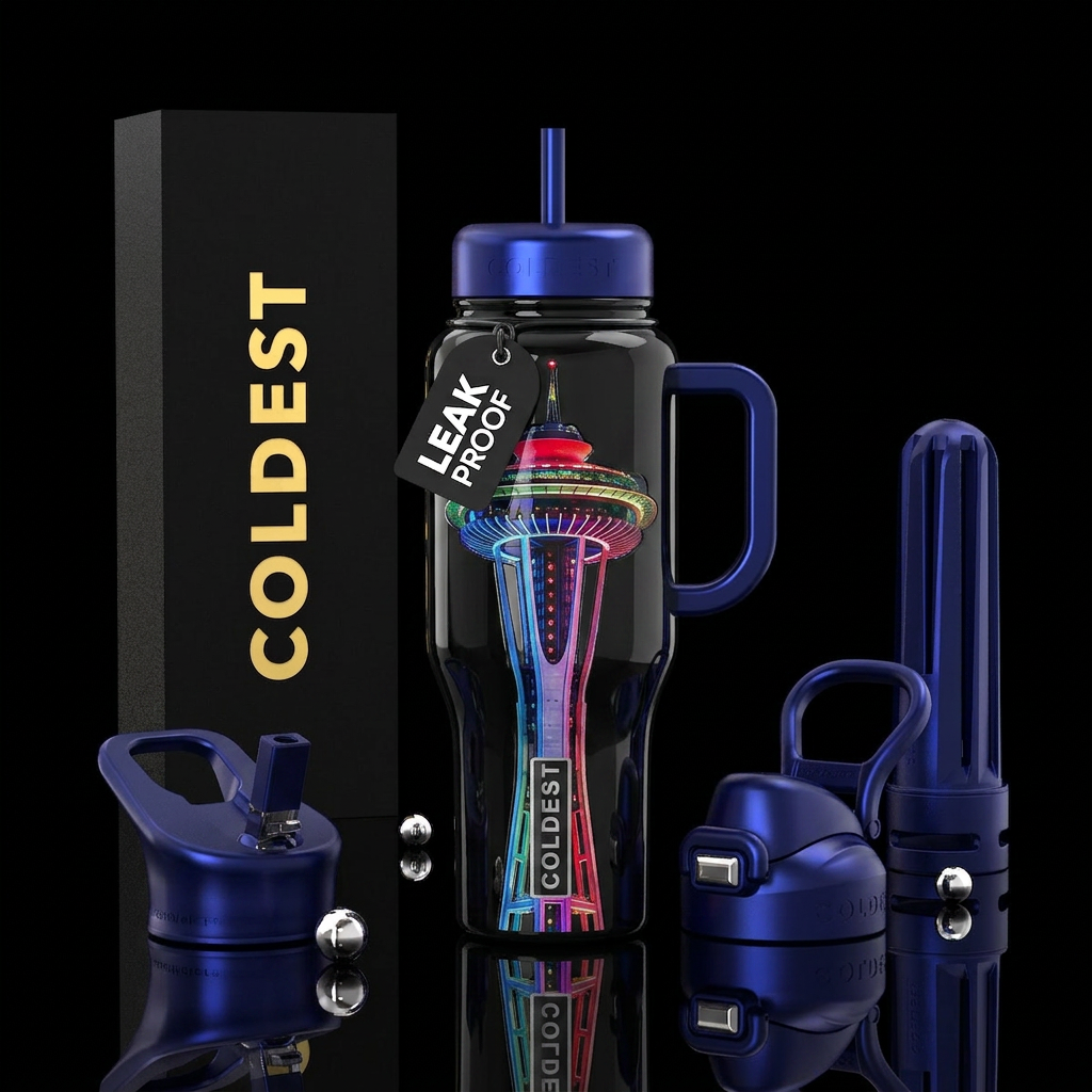 ,glossy,colorful, trompe-l'œil,space needle lit up water bottle design