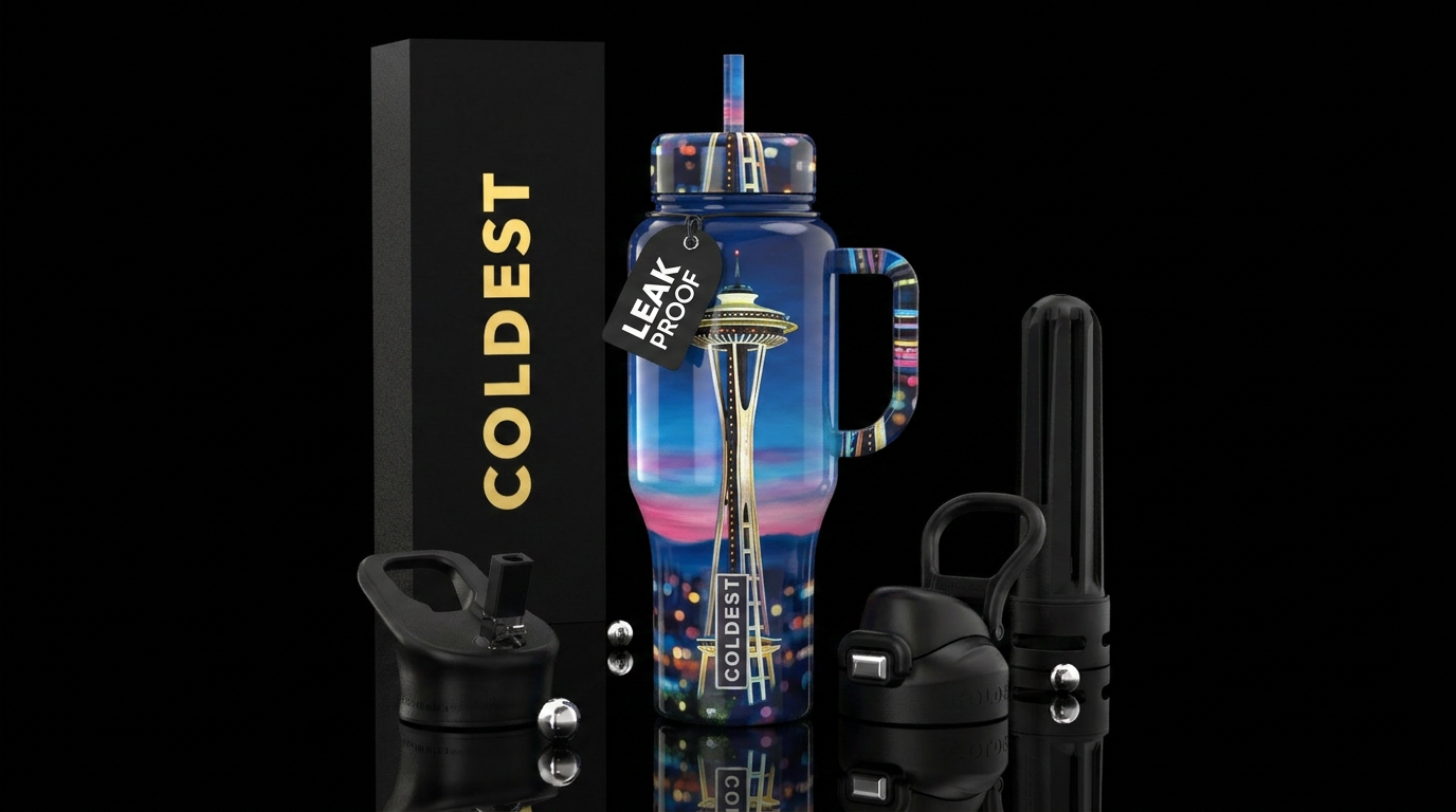 ,glossy,colorful, trompe-l'œil,space needle lit up water bottle design