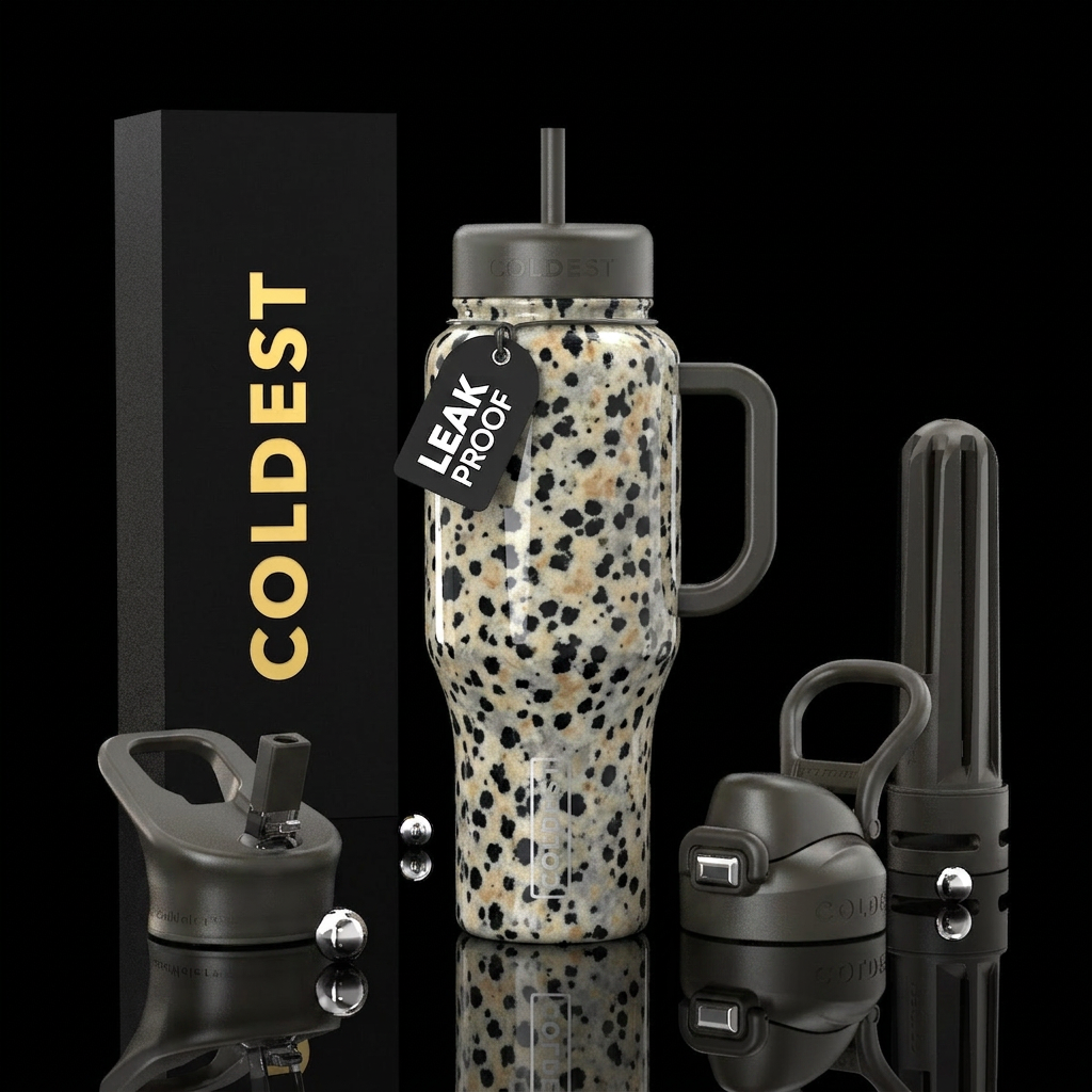 ,glossy,colorful, trompe-l'œil,Dalmatian jasper water bottle design