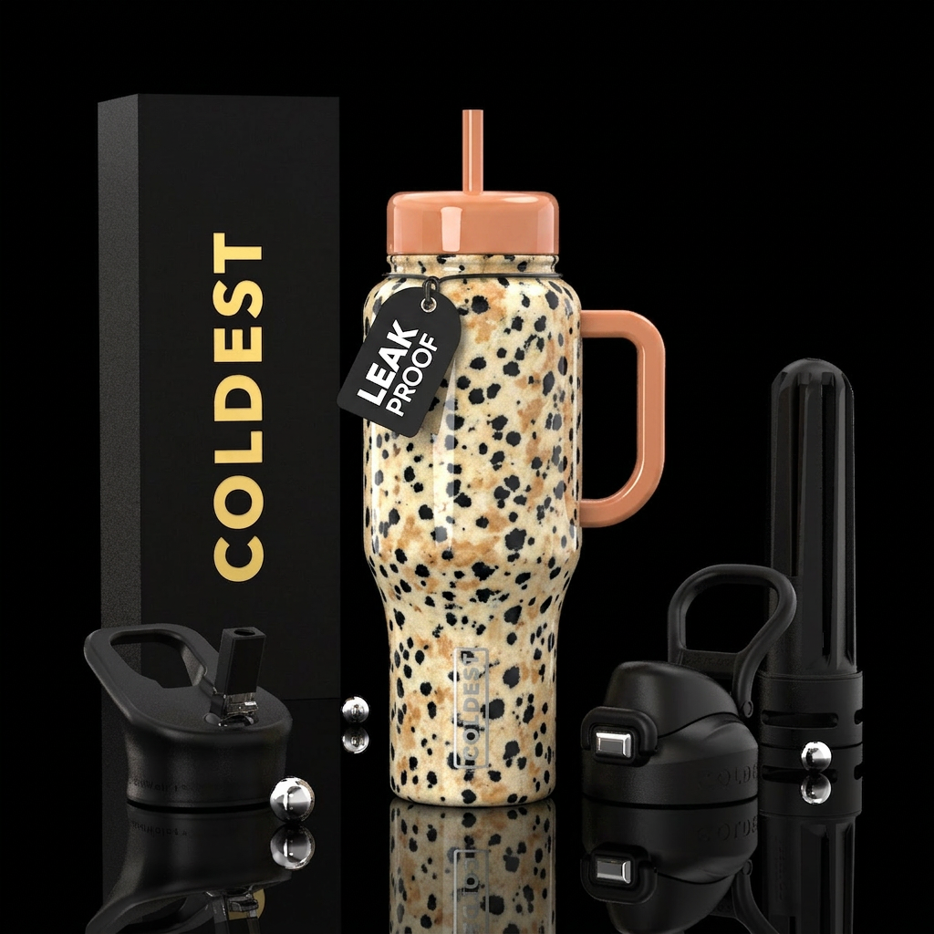 ,glossy,colorful, trompe-l'œil,Dalmatian jasper water bottle design