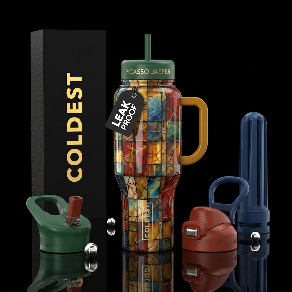 ,glossy,colorful, trompe-l'œil,Picasso jasper water bottle design