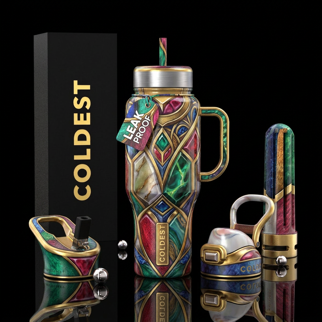 ,glossy,colorful, trompe-l'œil, water bottle design