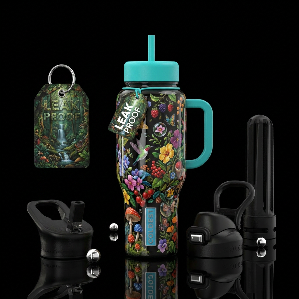 ,glossy,colorful, trompe-l'œil, water bottle design