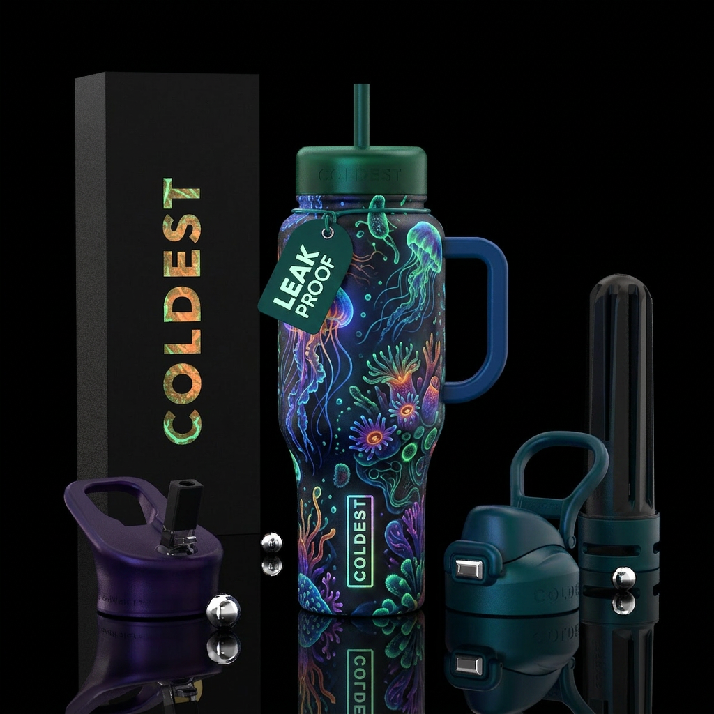 ,glossy,colorful, trompe-l'œil, bioluminescent water bottle design