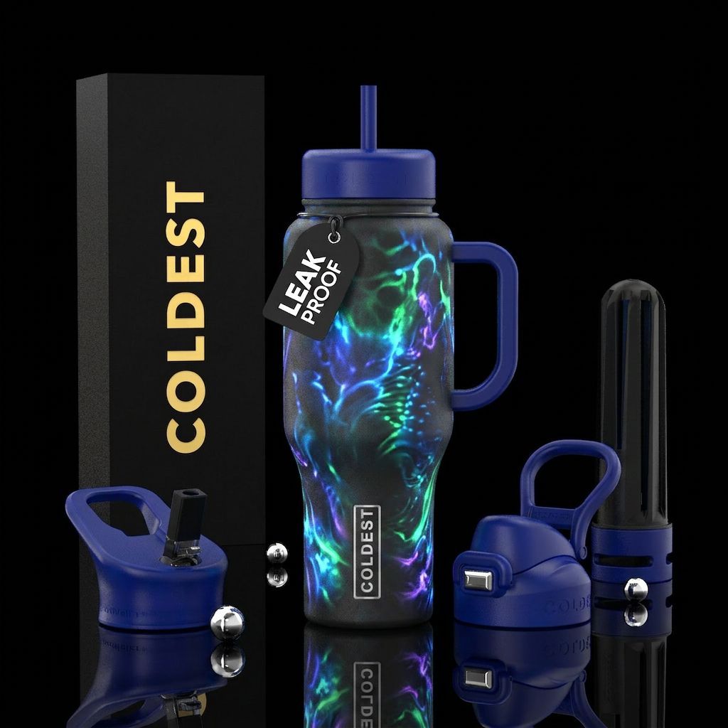 ,glossy,colorful, trompe-l'œil, bioluminescent water bottle design