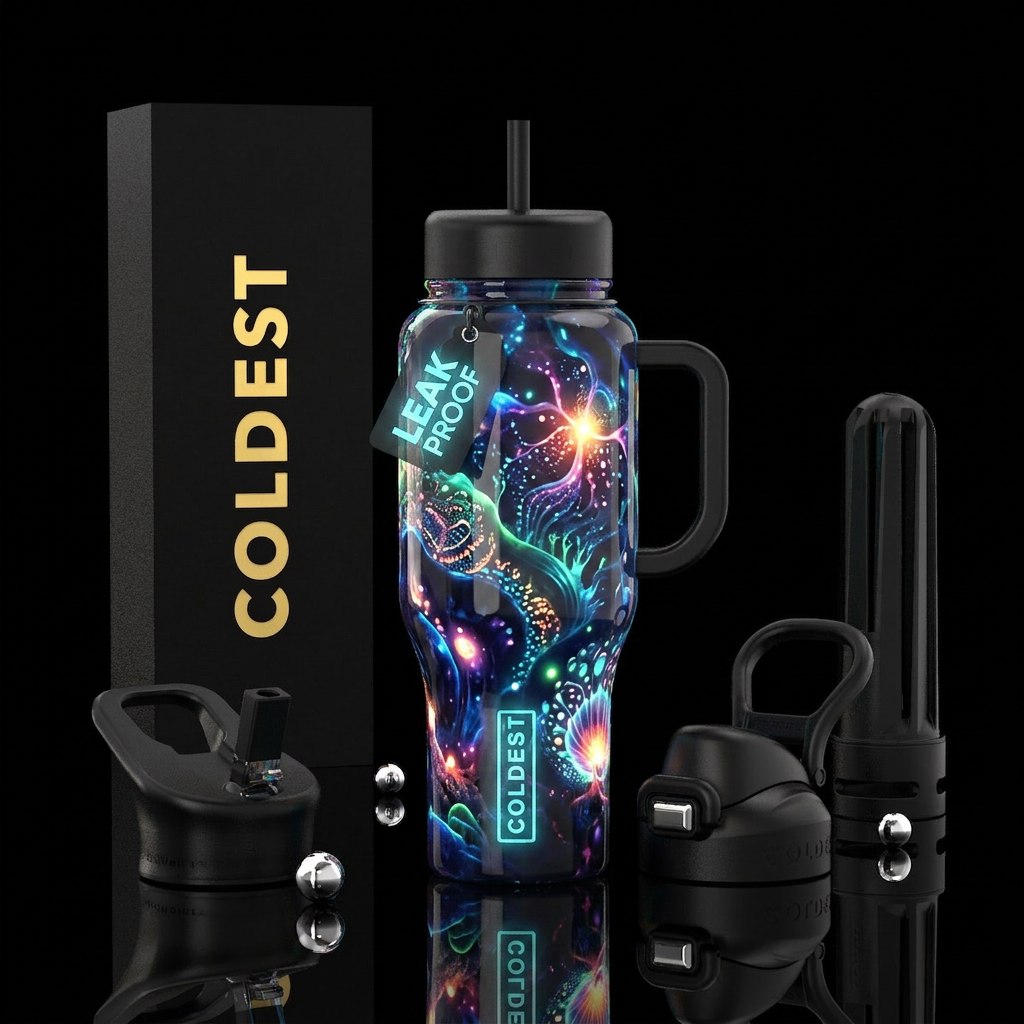 ,glossy,colorful, trompe-l'œil, bioluminescent water bottle design