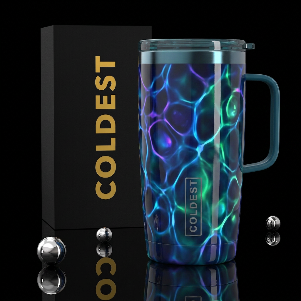 ,glossy,colorful, trompe-l'œil, bioluminescent water bottle design
