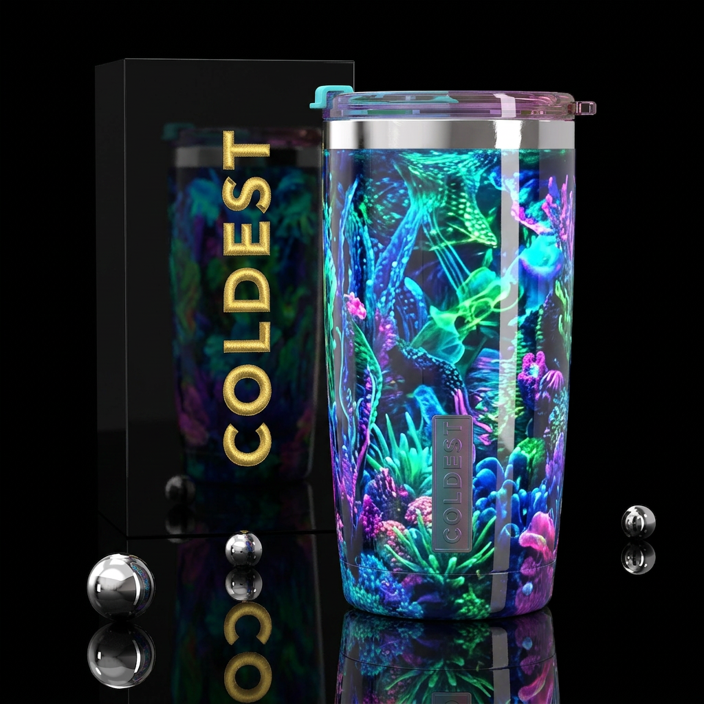 ,glossy,colorful, trompe-l'œil, bioluminescent water bottle design