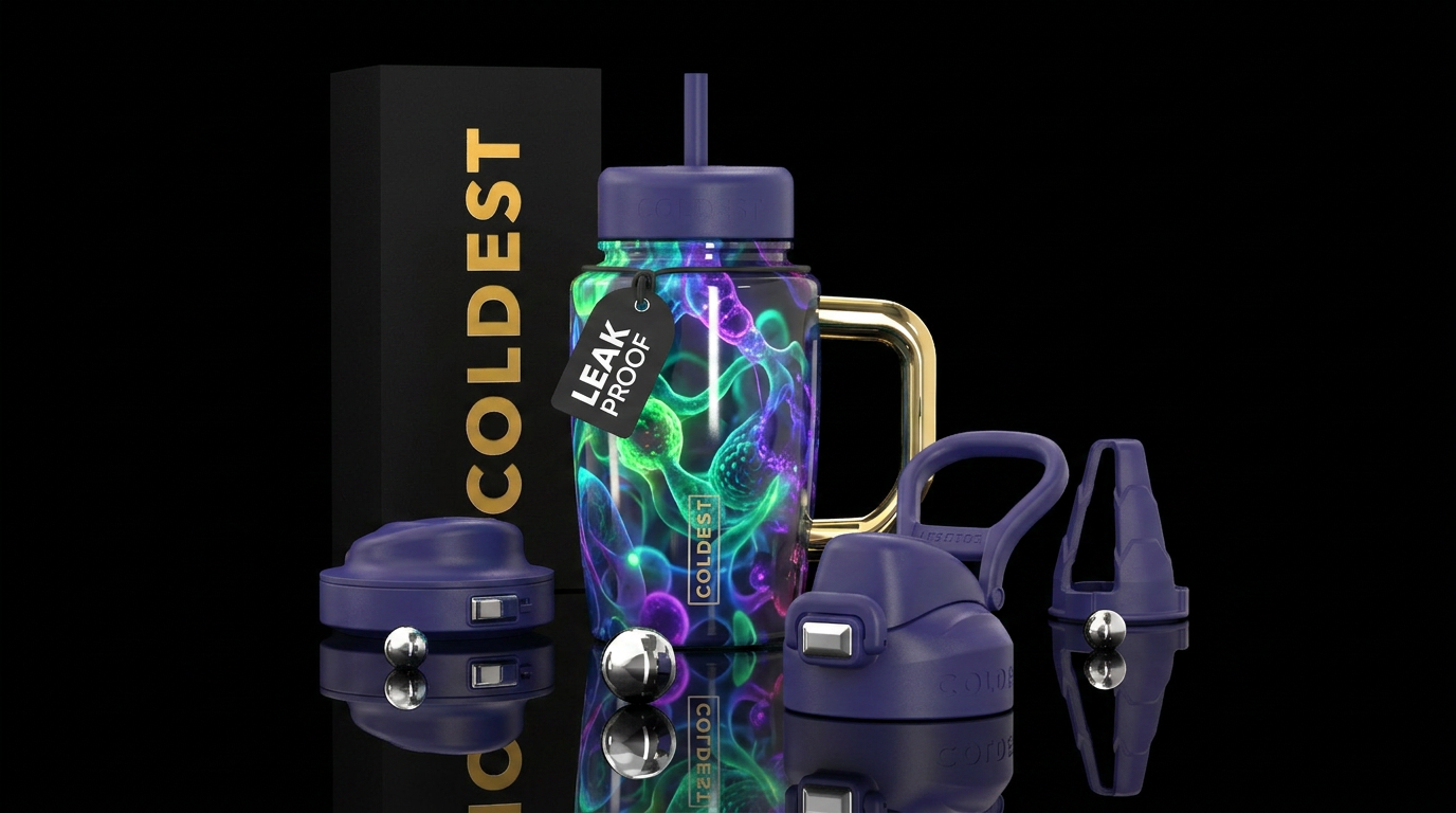 ,glossy,colorful, trompe-l'œil, bioluminescent water bottle design