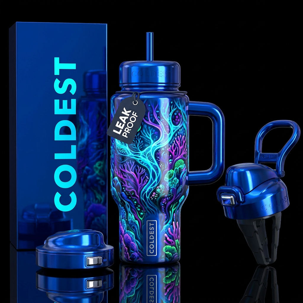 ,glossy,colorful, trompe-l'œil, bioluminescent water bottle design