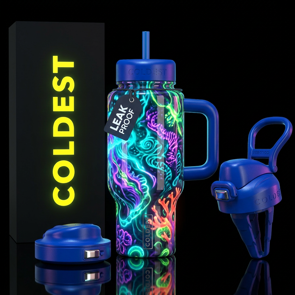 ,glossy,colorful, trompe-l'œil, bioluminescent water bottle design