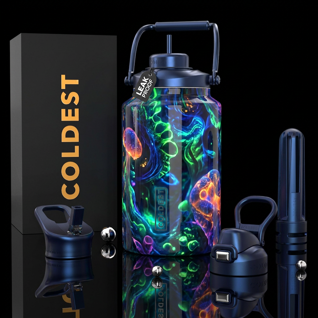 ,glossy,colorful, trompe-l'œil, bioluminescent water bottle design