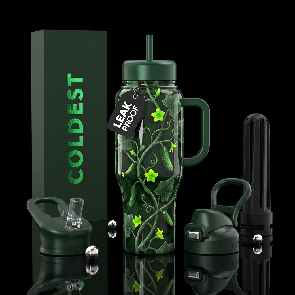 Cucumber vine,glossy, trompe-l'œil water bottle design