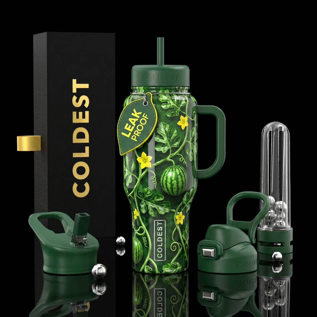 Watermelon vine,glossy, trompe-l'œil water bottle design
