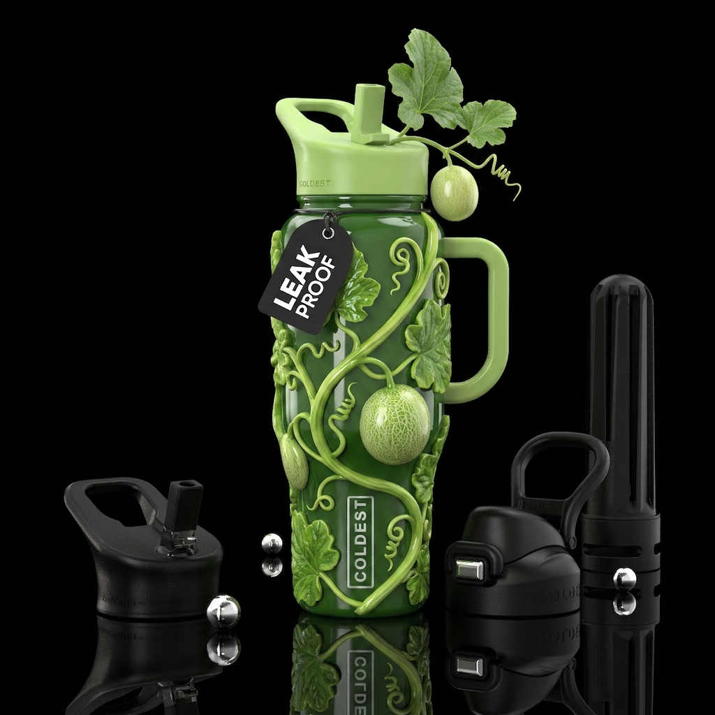 Honeydew melon vine,glossy, trompe-l'œil water bottle design