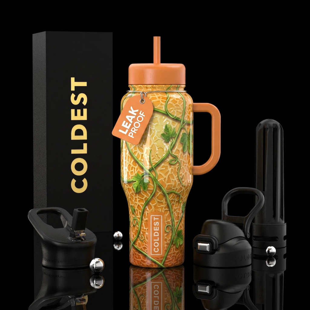Cantaloupe melon vine,glossy, trompe-l'œil water bottle design