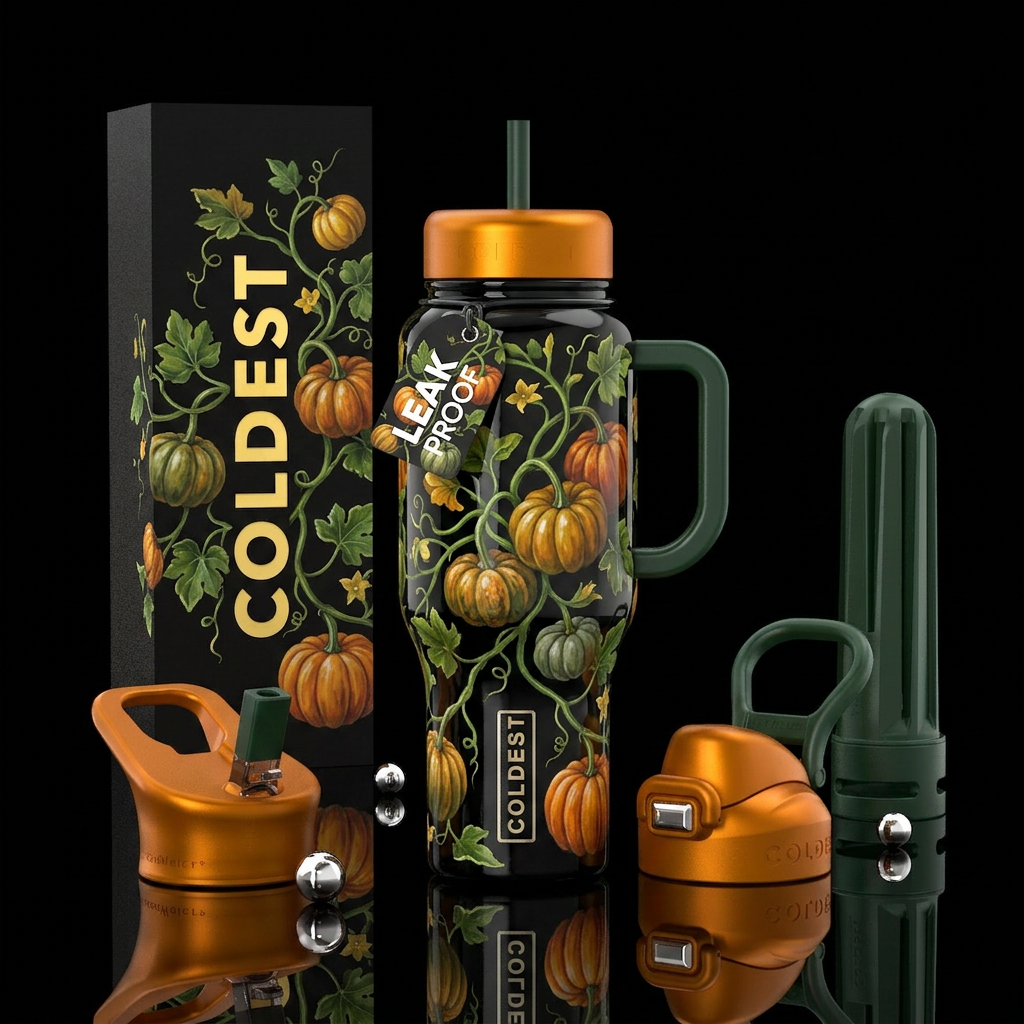 Pumpkin vine,glossy, trompe-l'œil water bottle design