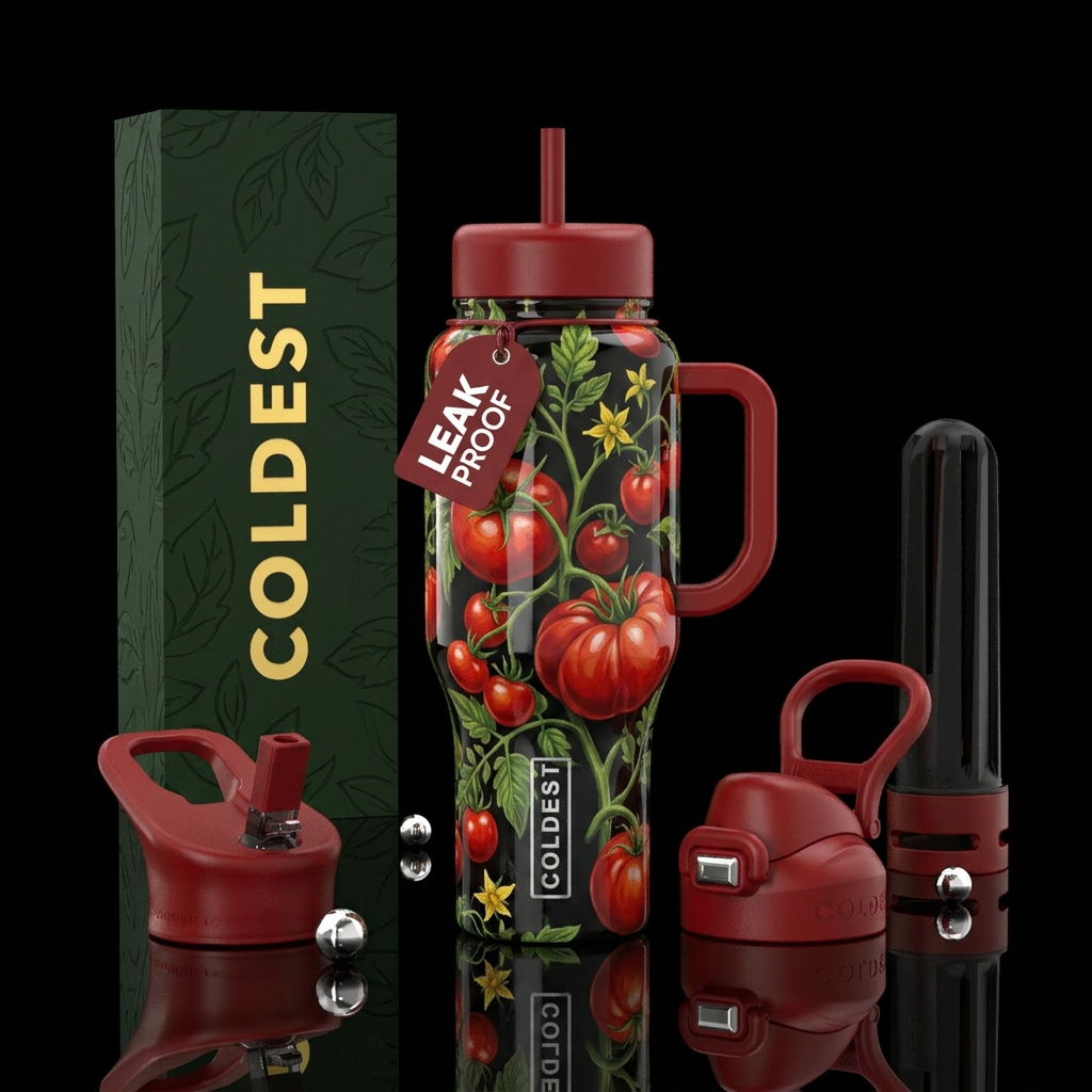 Tomato vine,glossy, trompe-l'œil water bottle design