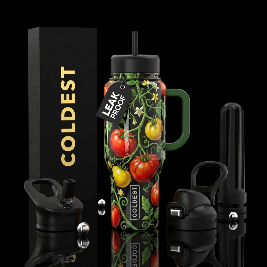 Tomato vine,glossy, trompe-l'œil water bottle design