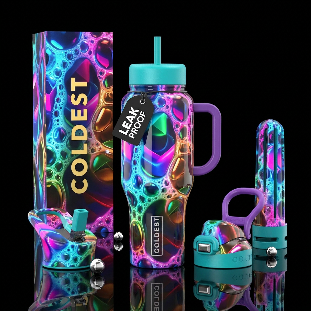 Glow foam,glossy, trompe-l'œil water bottle design