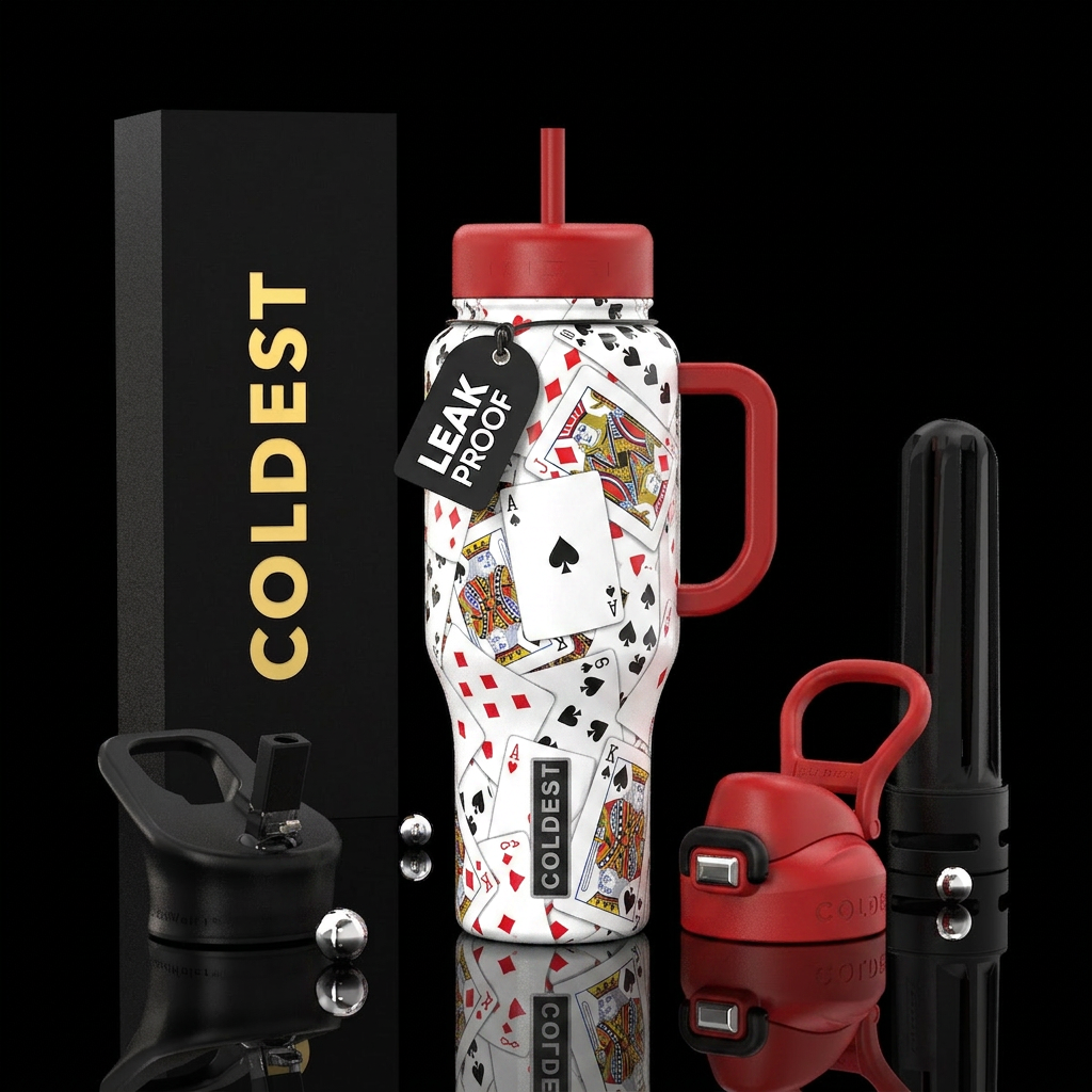 White background, playing cards all over, glossy, ... water bottle design