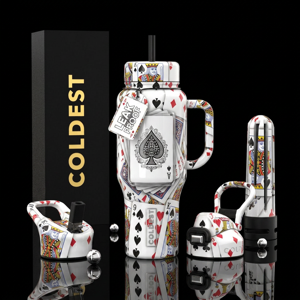 White background, playing cards all over see throu... water bottle design