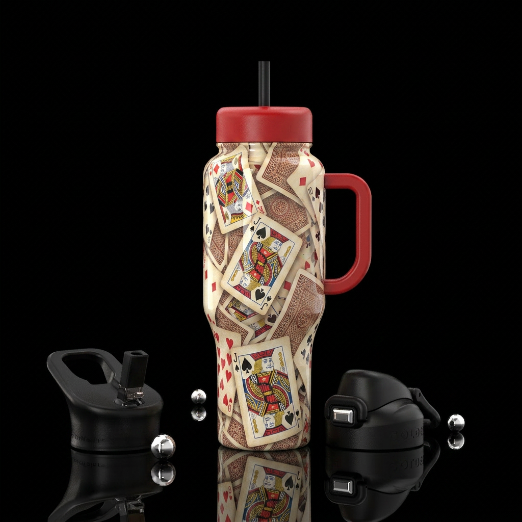 White background, playing cards all over see throu... water bottle design