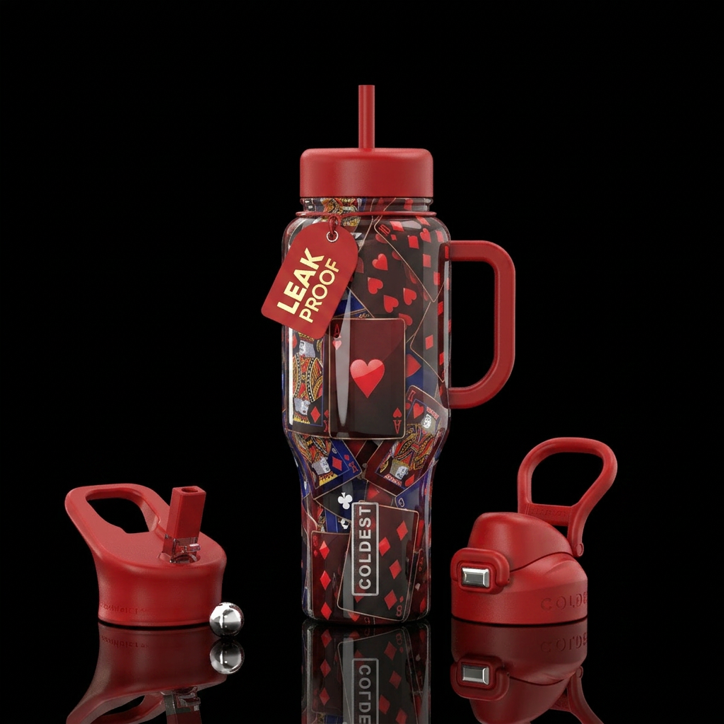 White background, playing cards all over see throu... water bottle design