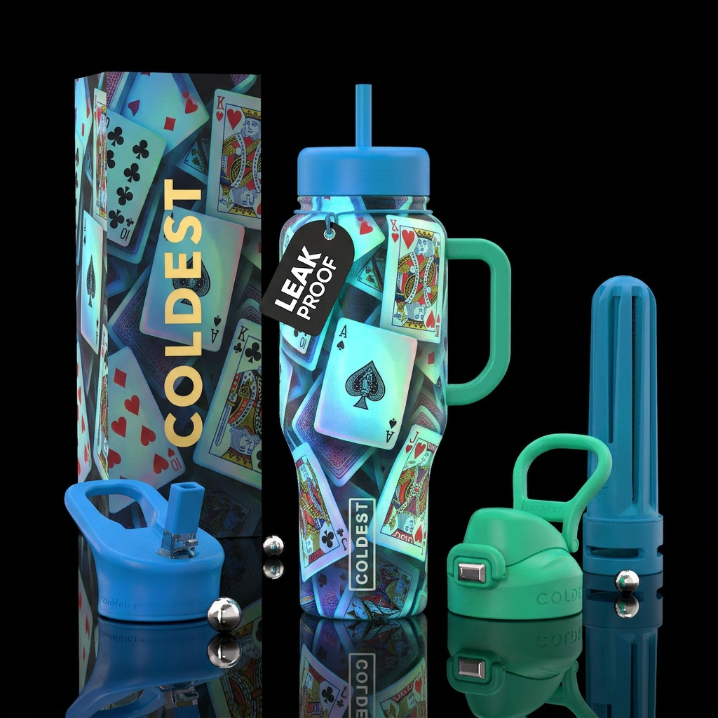 White background, playing cards all over see throu... water bottle design