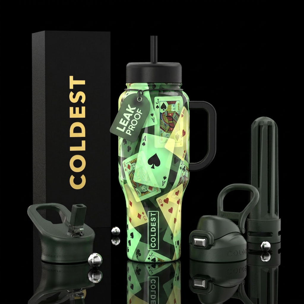 White background, playing cards all over see throu... water bottle design