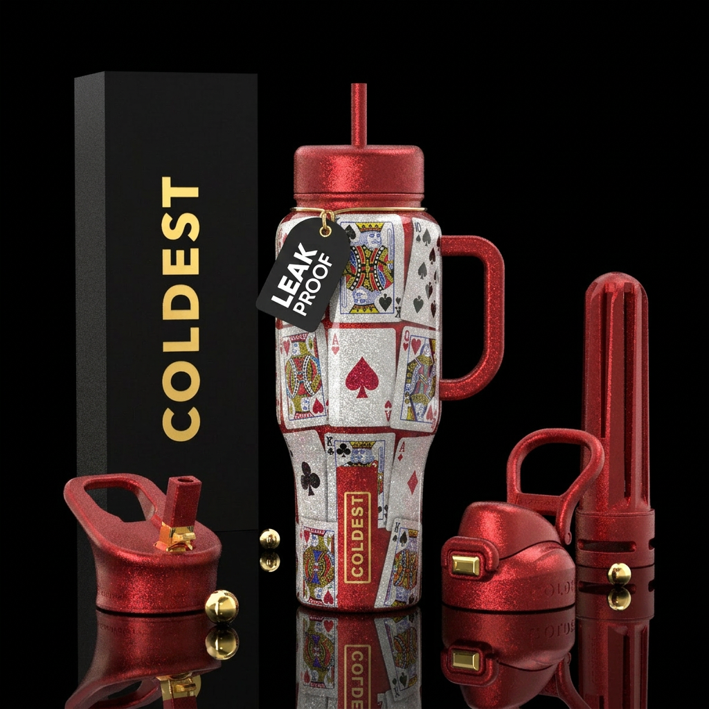 White background, playing cards all over see throu... water bottle design