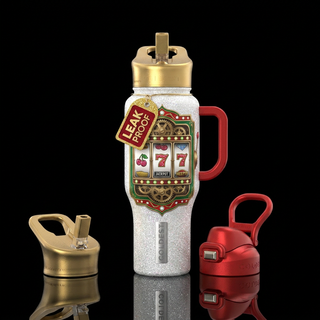 White background, slot machine in glitter, glossy,... water bottle design