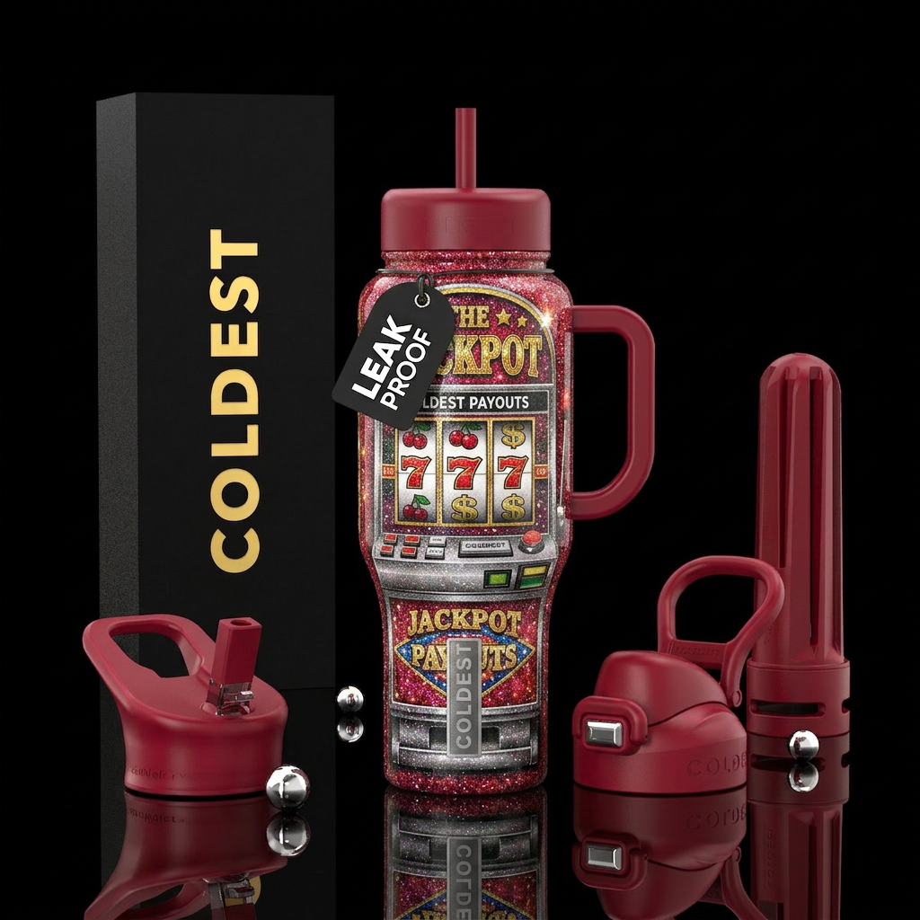 , slot machine in glitter, glossy, trompe-l'œil, water bottle design