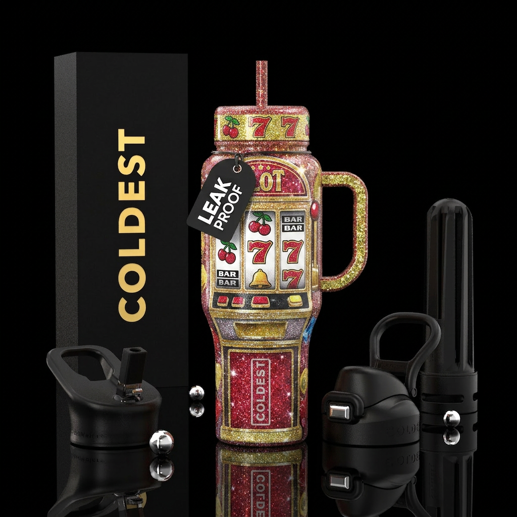 , slot machine in glitter, glossy, trompe-l'œil, water bottle design