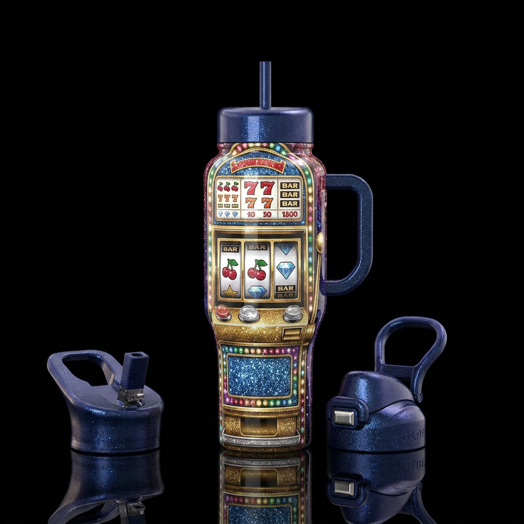 , slot machine in glitter, glossy, trompe-l'œil, water bottle design