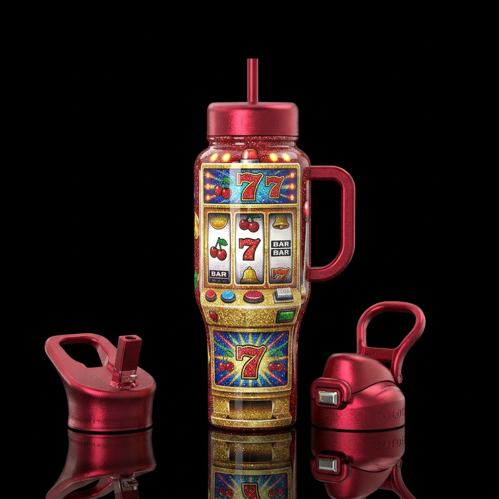 , slot machine in glitter, glossy, trompe-l'œil, water bottle design