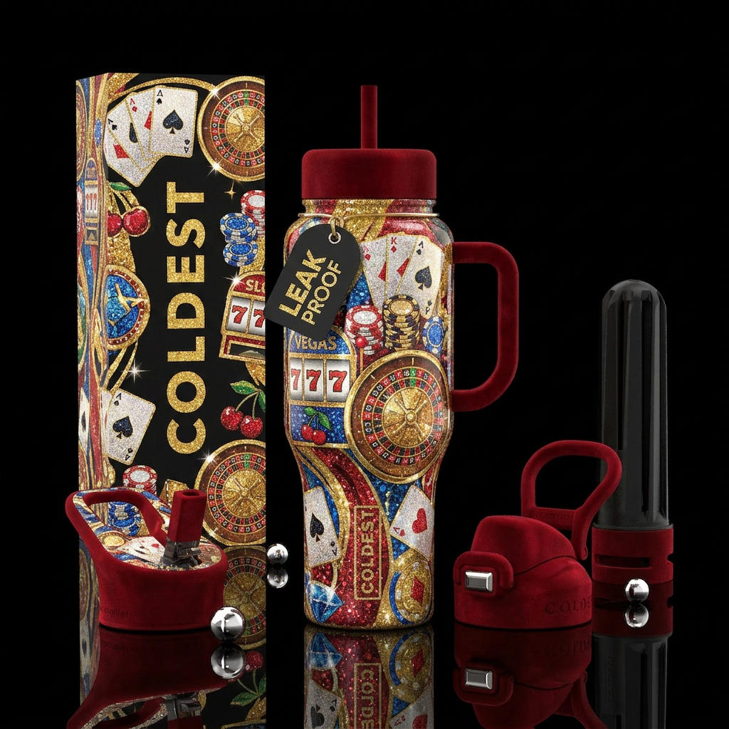 Vegas gambling in glitter, glossy, trompe-l'œil, water bottle design
