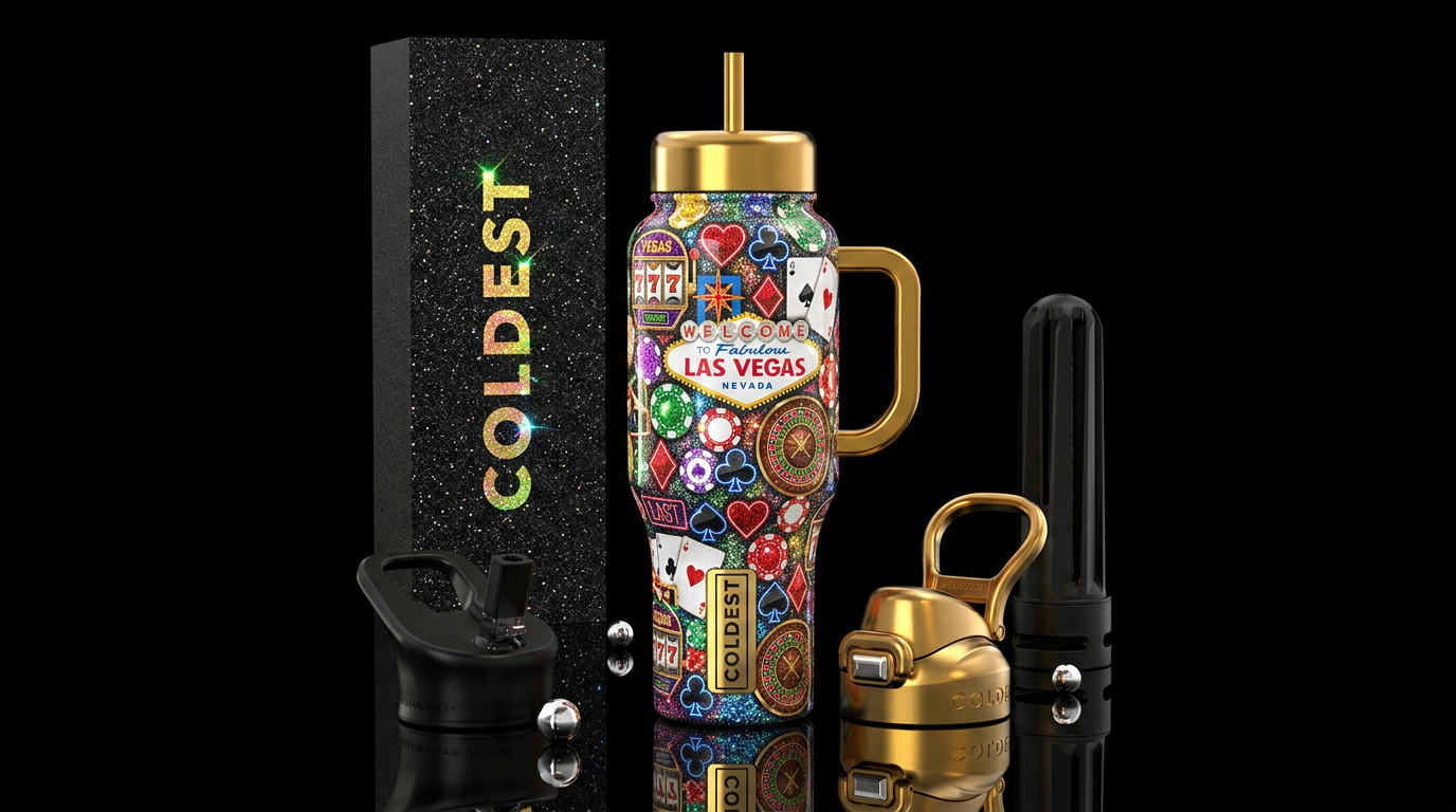 Vegas gambling in glitter, glossy, trompe-l'œil, water bottle design
