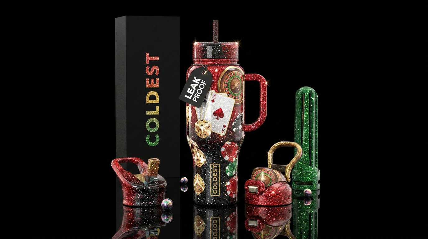 Vegas gambling in glitter, glossy, trompe-l'œil, water bottle design