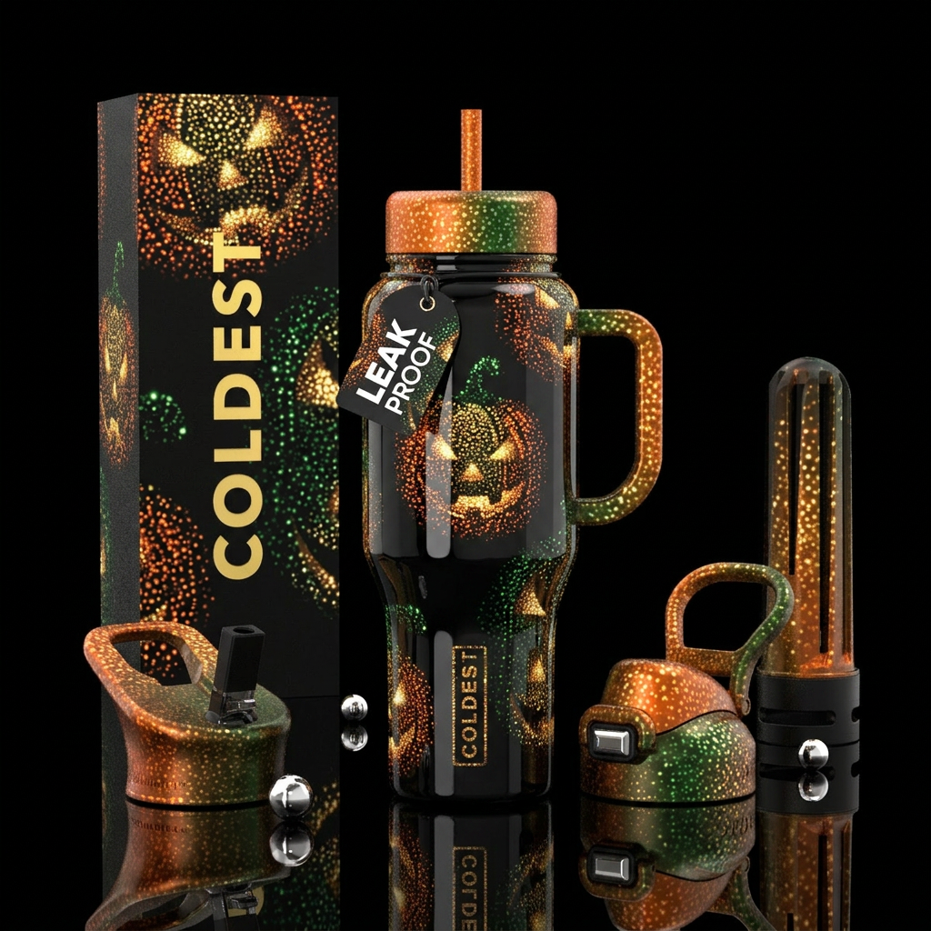 Jackolantern glowie pointilisim, glossy, trompe-l'... water bottle design