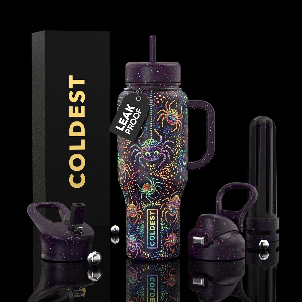 Cute Spider glowie pointilisim, glossy, trompe-l'œ... water bottle design