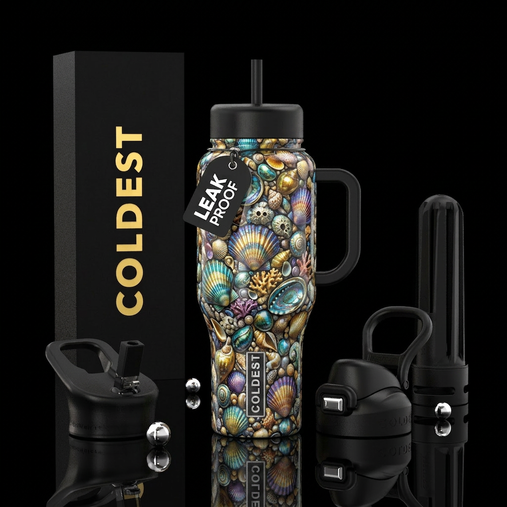 Beautifulseashells, jewels of the sea, glossy, tro... water bottle design