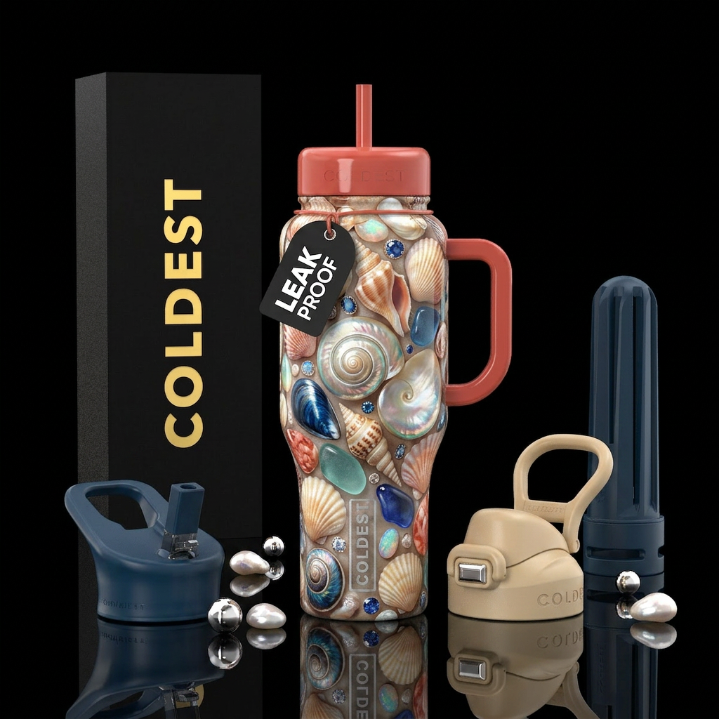 Beautiful seashells, jewels of the sea, glossy, tr... water bottle design